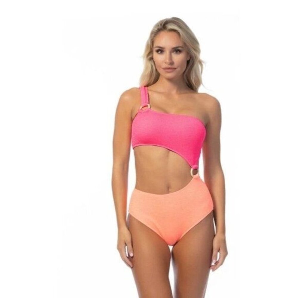 Beach Joy Textured One‎ Shoulder Cutout Swimsuit - Small